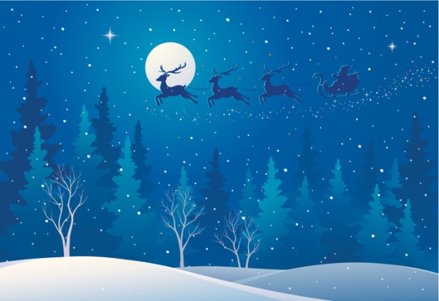 Santa sleigh over blue forest with snow falling at night